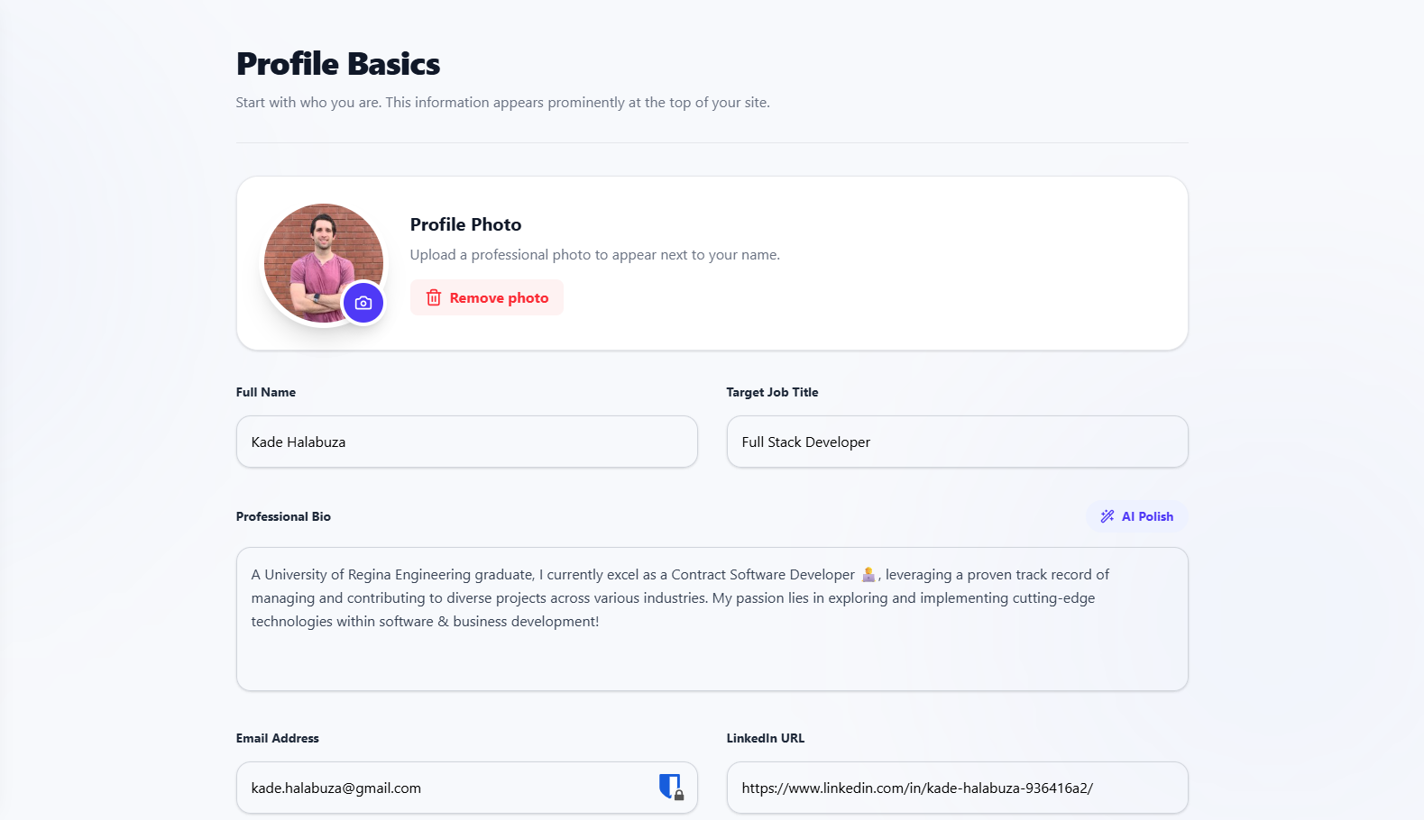 Wolio profile basics screen with resume upload and layout options